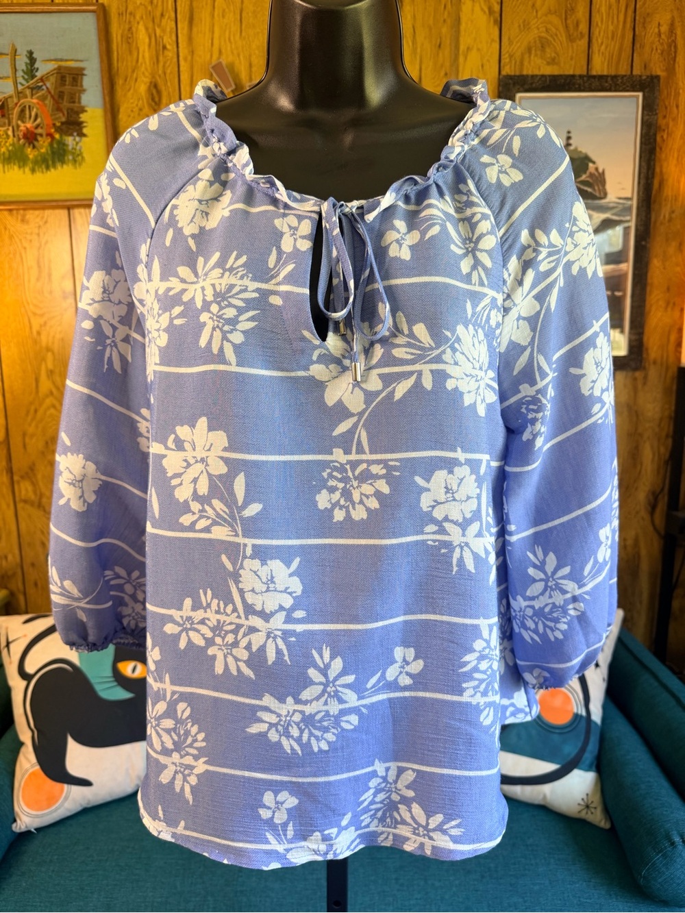 Periwinkle Blue Floral Ruffle Tie-Neck Peasant Blouse
